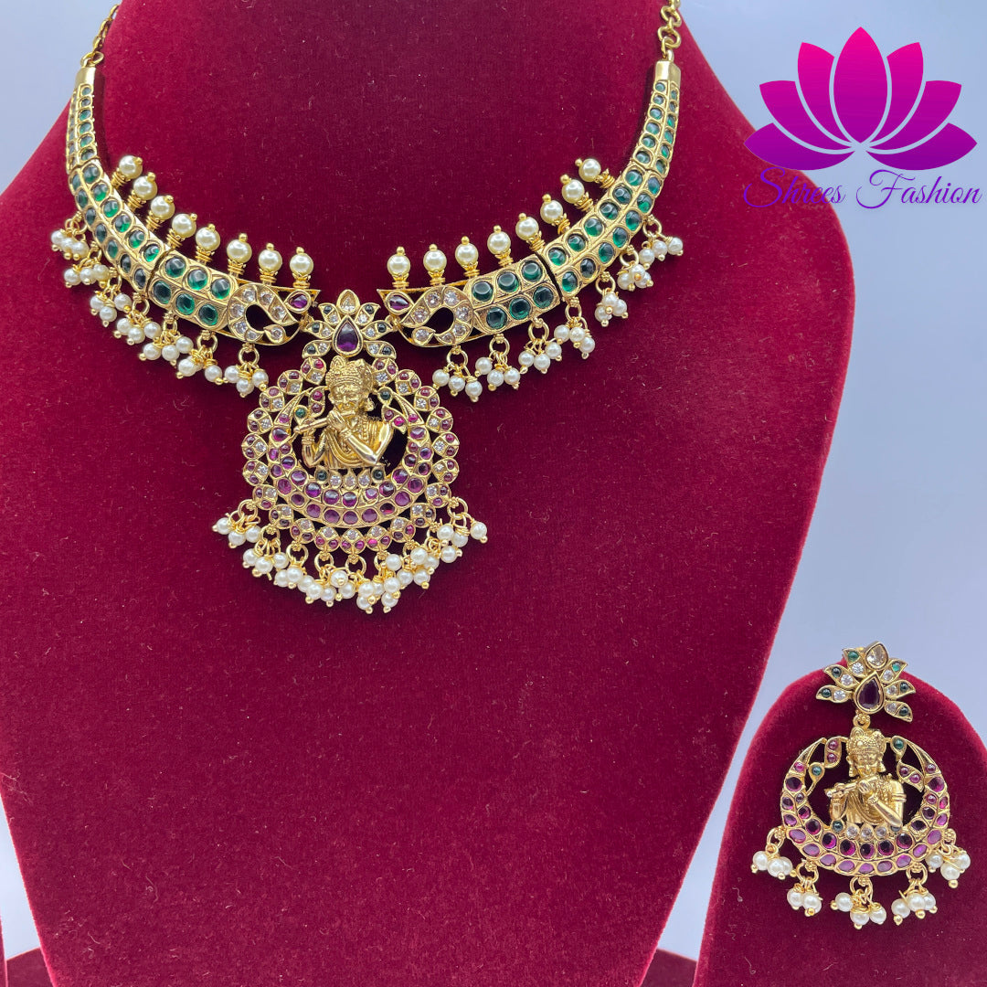 Divine Melody: Pure Kemp Stones Matte Finish Necklace with Krishna Flute Pendant - Shrees Fashion Australia