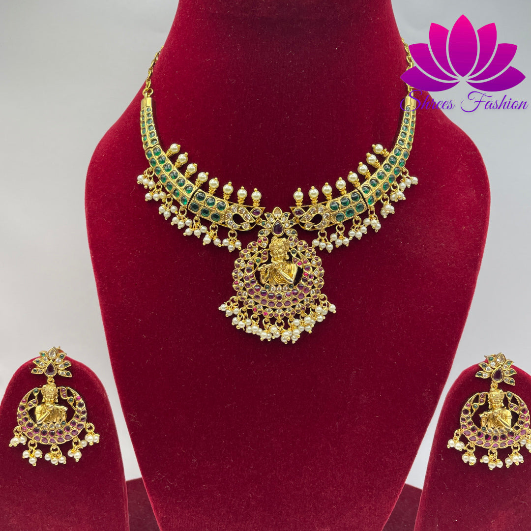 Divine Melody: Pure Kemp Stones Matte Finish Necklace with Krishna Flute Pendant - Shrees Fashion Australia