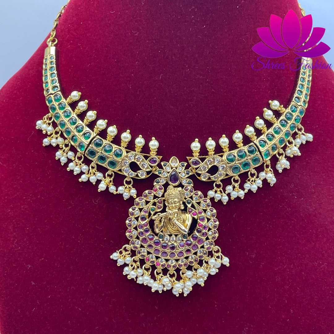 Divine Melody: Pure Kemp Stones Matte Finish Necklace with Krishna Flute Pendant - Shrees Fashion Australia