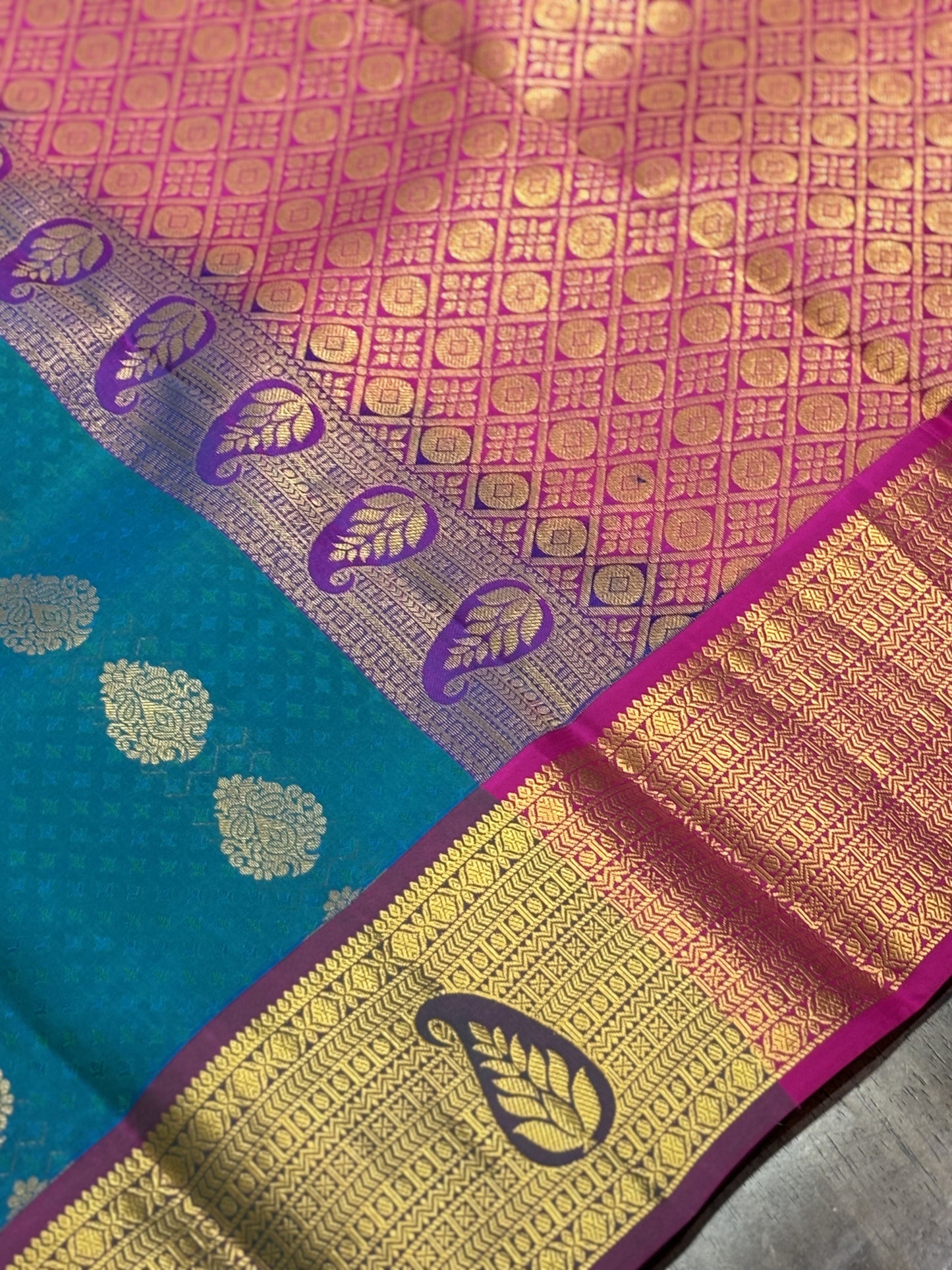 Peacock Green & Rani Pink Pure Kanchipuram Silk Saree with Zari Border