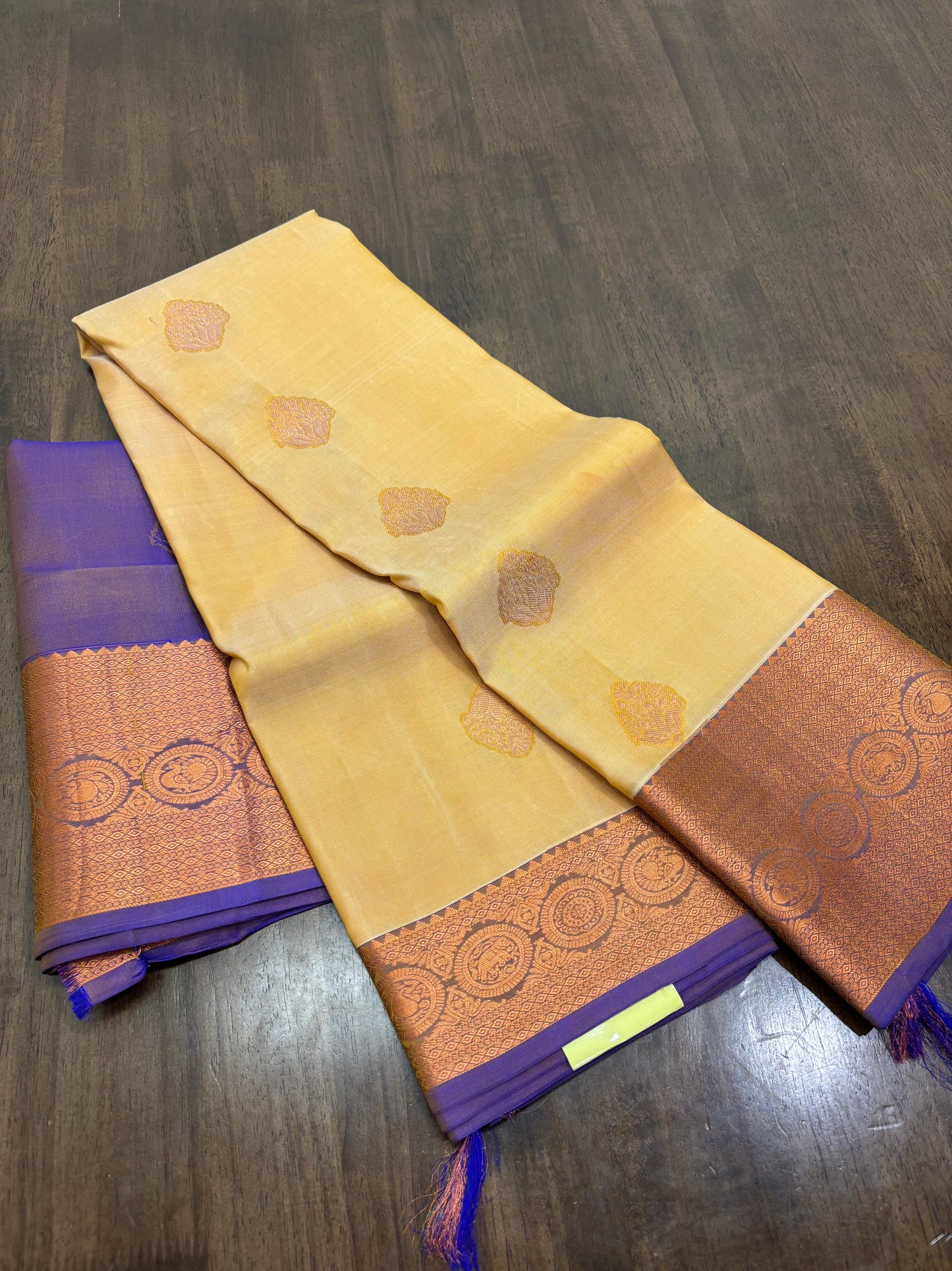 Gold Silk Saree with Purplish Blue Contrast Border & Pallu
