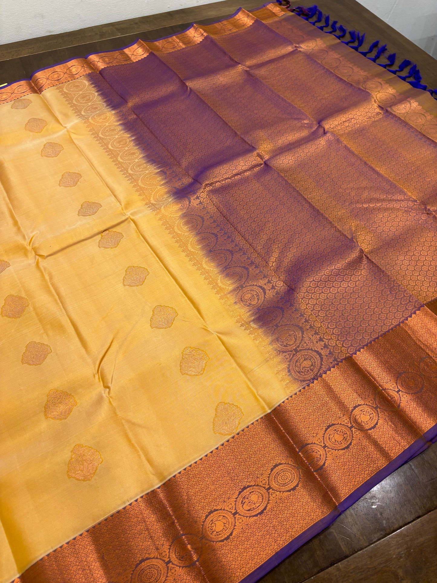 Gold Silk Saree with Purplish Blue Contrast Border & Pallu