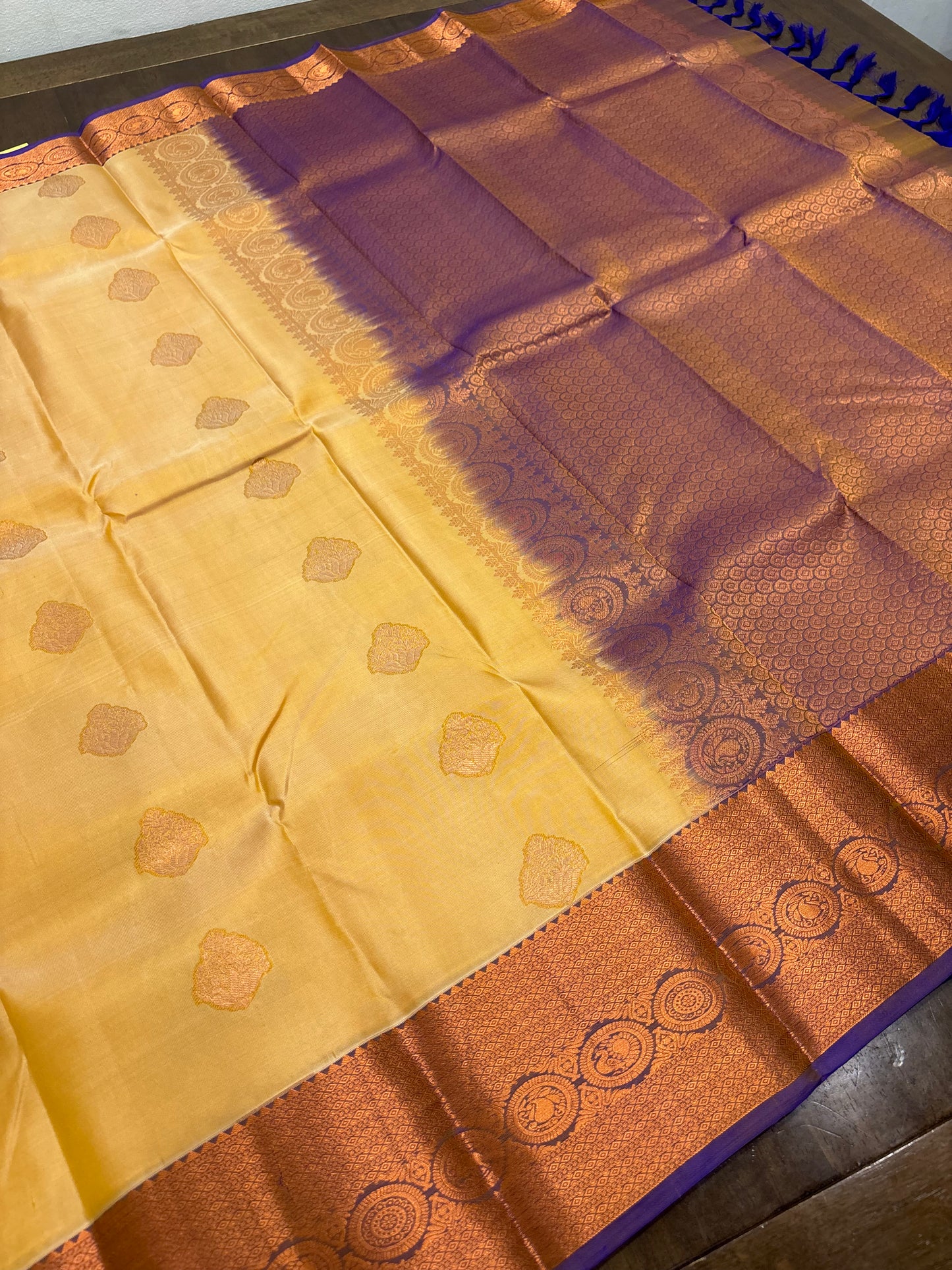 Gold Silk Saree with Purplish Blue Contrast Border & Pallu