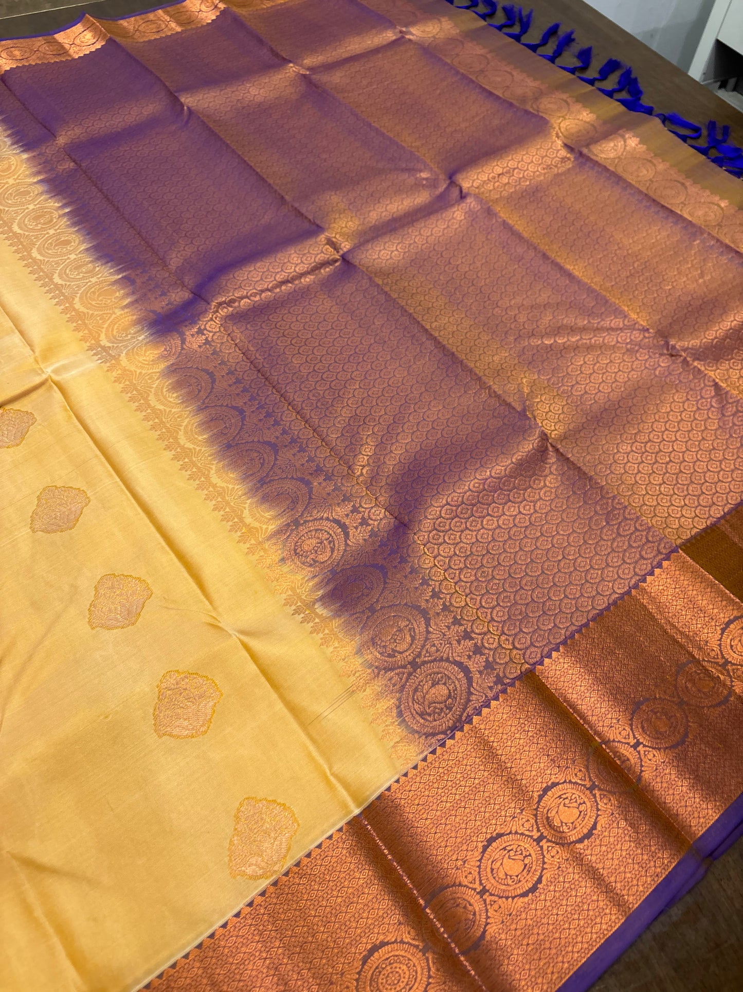 Gold Silk Saree with Purplish Blue Contrast Border & Pallu