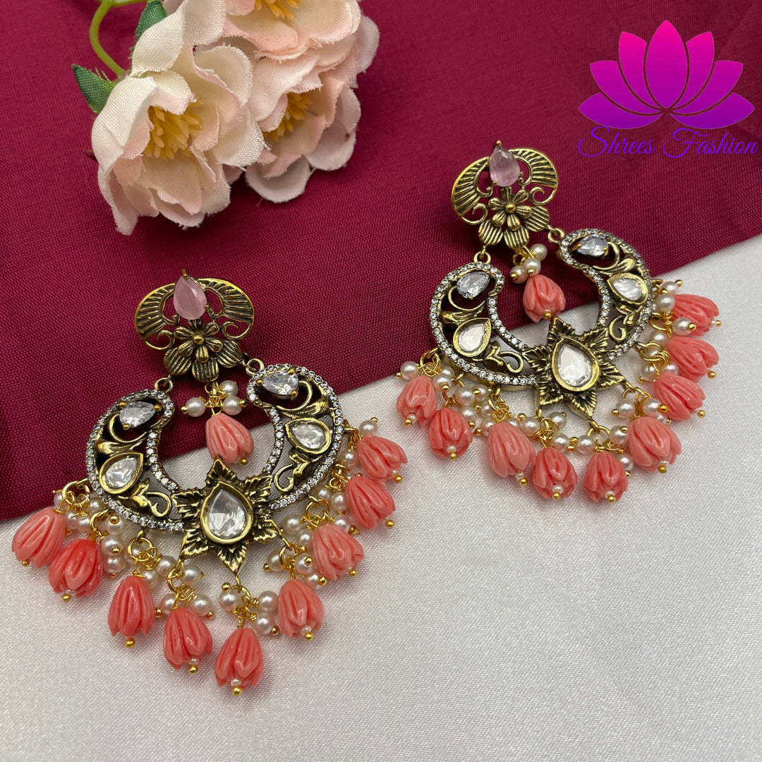 Regal Rose: Victorian Stones Chandbali Earrings with Pink Beads - Shrees Fashion Australia