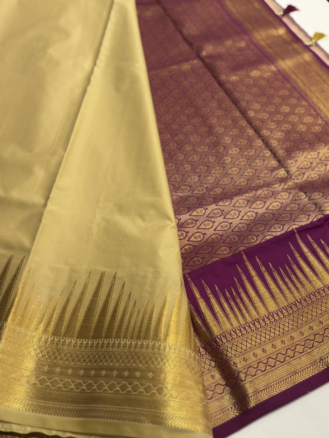 Ivory Serenity Cream Semi Silk Saree with Temple Border & Purple Pallu