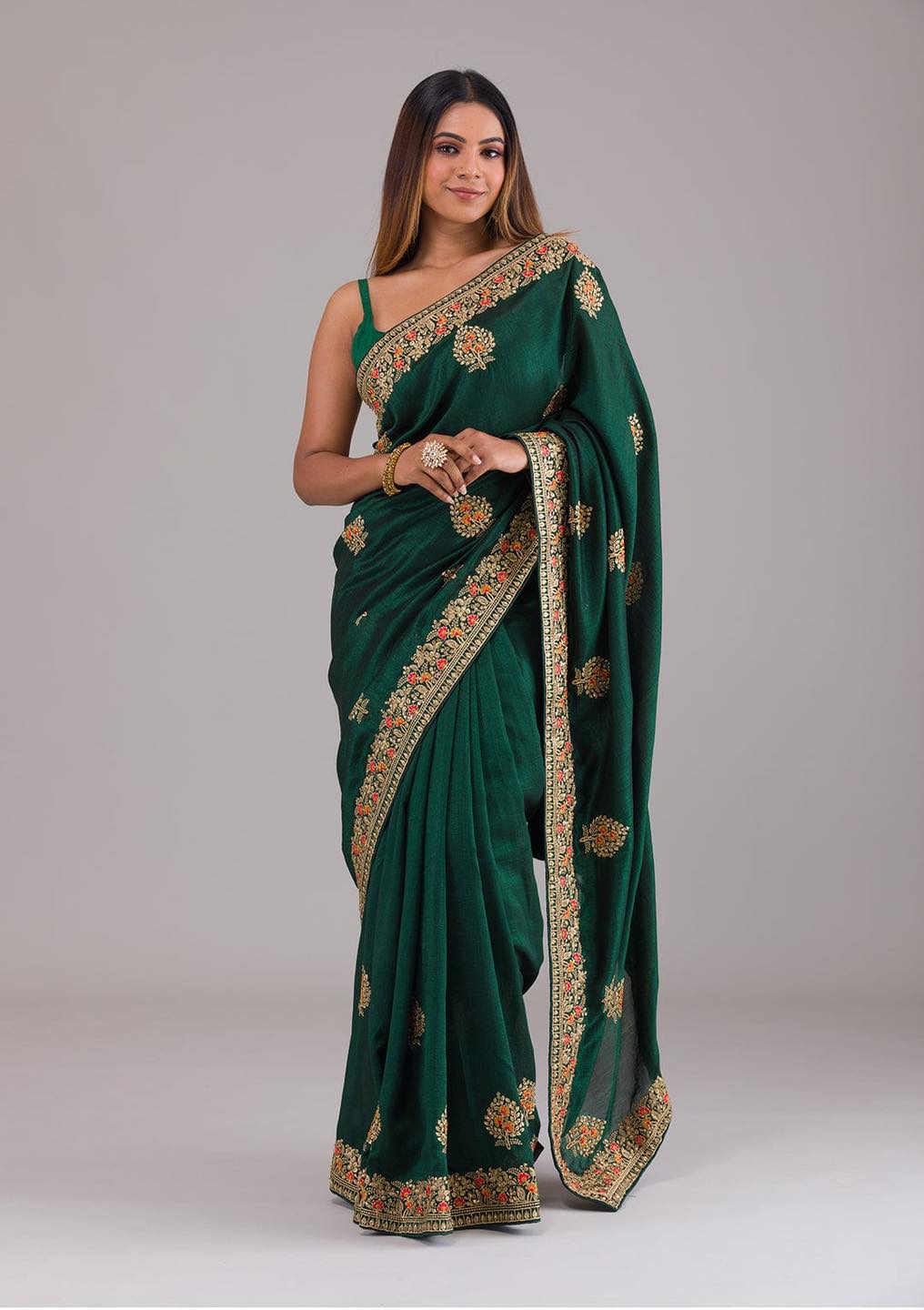 Green Vichithra Silk Ready-to-Wear Saree with Embroidered Border
