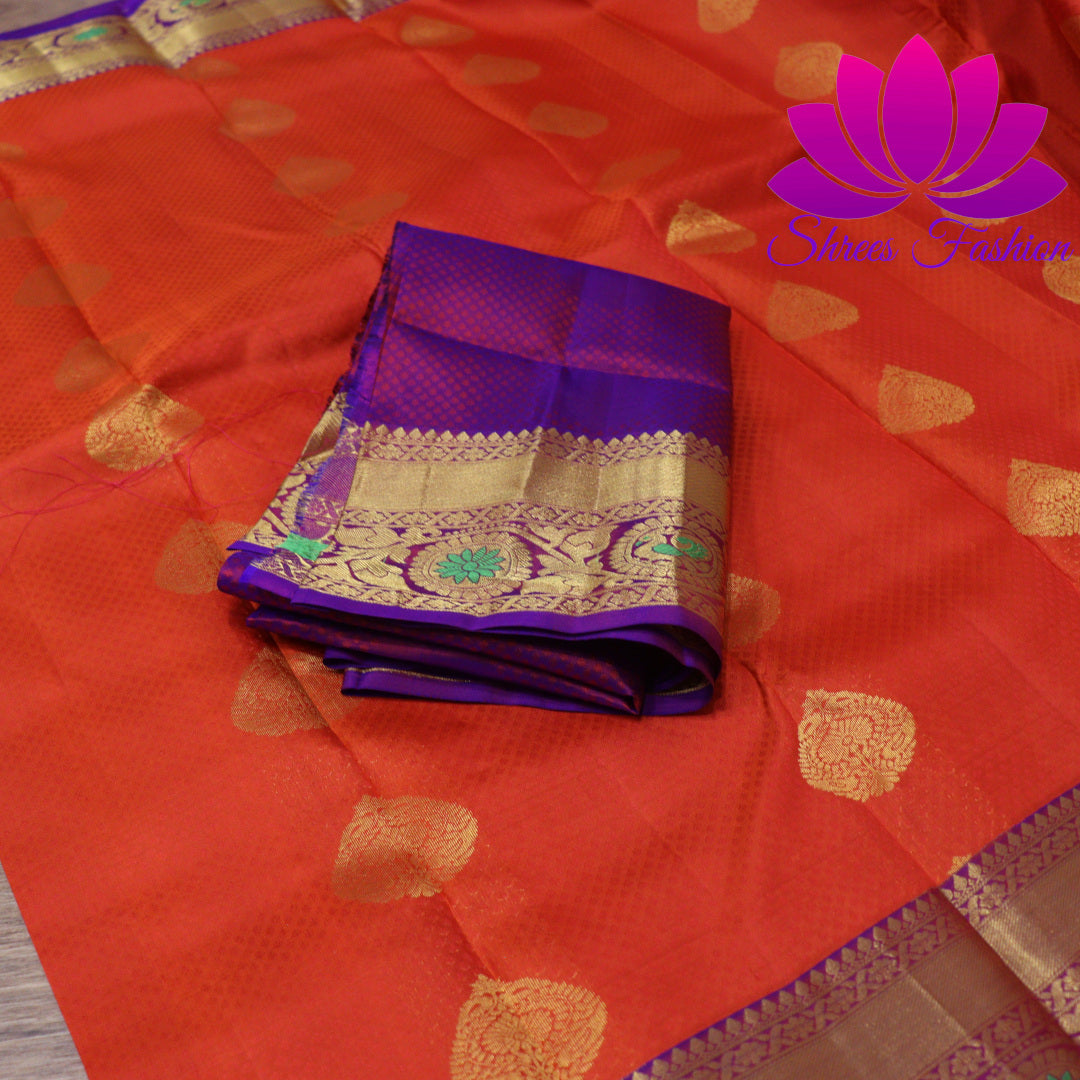 Exquisite Pure Silk Saree in Orange with Violet Pallu | Online Silk Sarees Melbourne - Shrees Fashion Australia