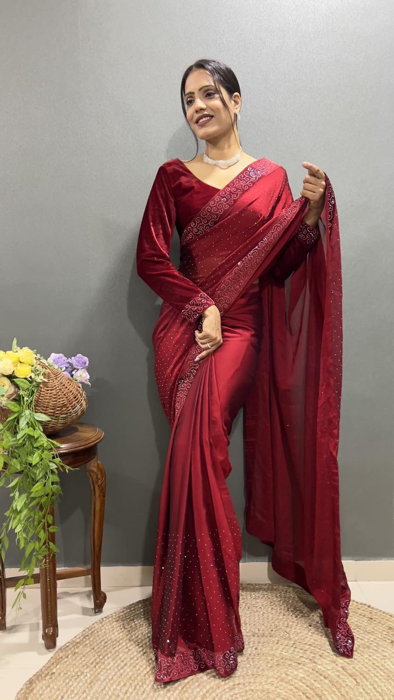 Ready-to-Wear Red Saree with Stitched Blouse – Effortless Elegance for Every Occasion