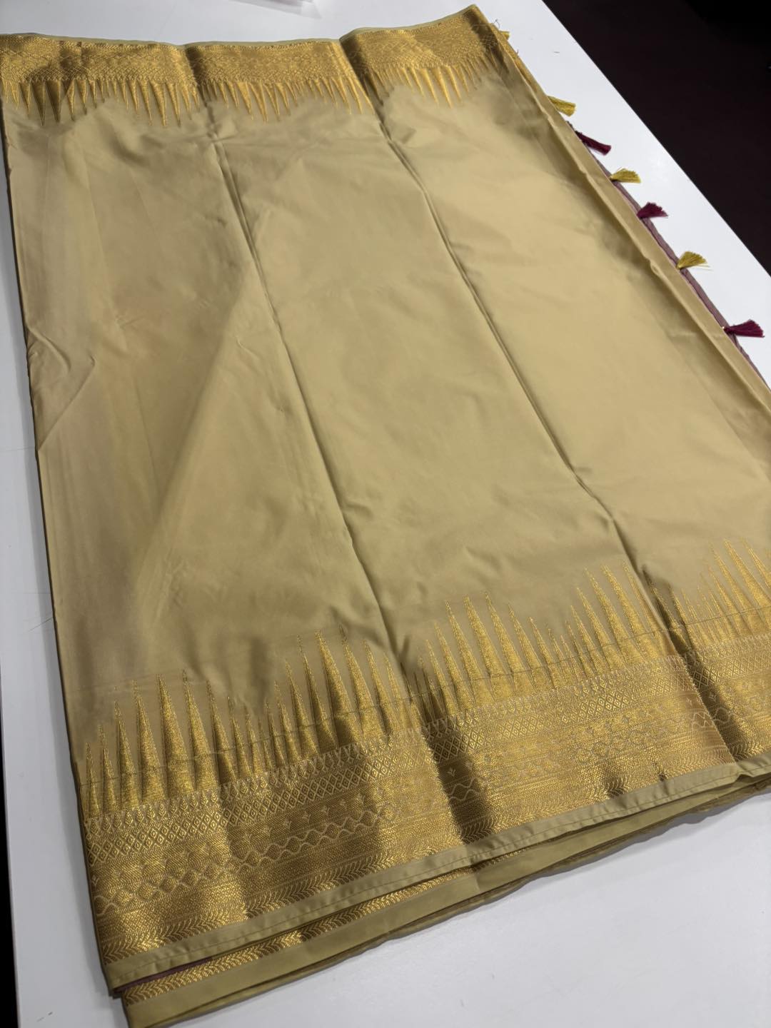 Ivory Serenity Cream Semi Silk Saree with Temple Border & Purple Pallu