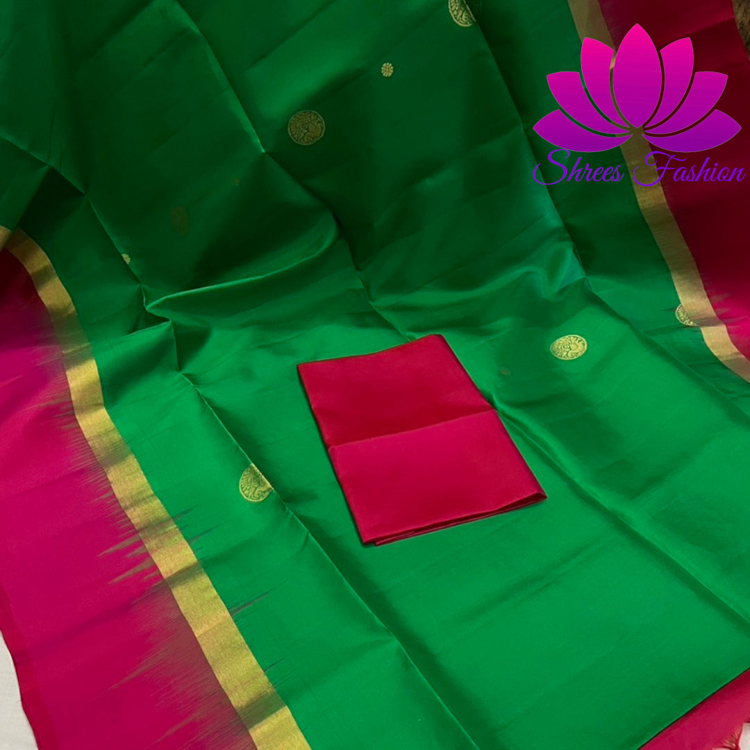 Magnificent Kanchipuram Soft Silk Saree in Green and Pink With Rich Pallu | Pure Silk Saree | Silk Mark India Certified - Shrees Fashion Australia