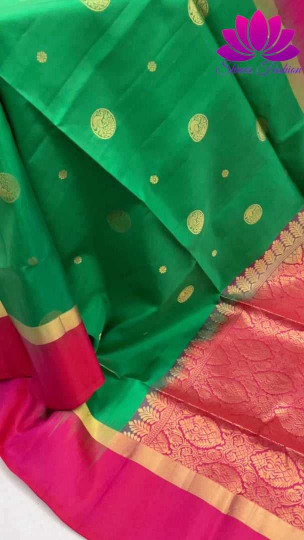 Magnificent Kanchipuram Soft Silk Saree in Green and Pink With Rich Pallu | Pure Silk Saree | Silk Mark India Certified - Shrees Fashion Australia