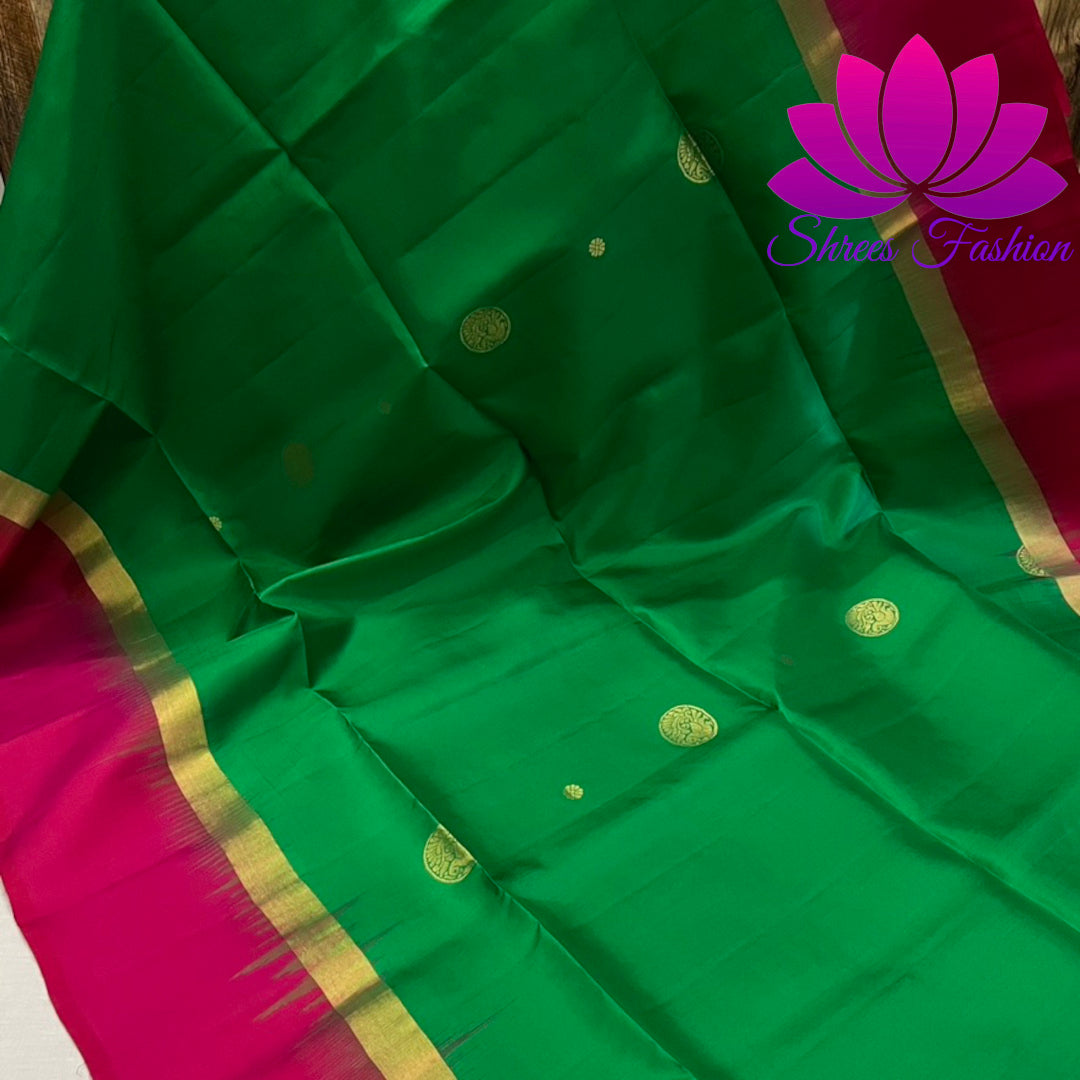 Magnificent Kanchipuram Soft Silk Saree in Green and Pink With Rich Pallu | Pure Silk Saree | Silk Mark India Certified - Shrees Fashion Australia