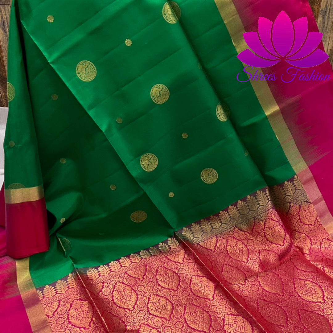 Magnificent Kanchipuram Soft Silk Saree in Green and Pink With Rich Pallu | Pure Silk Saree | Silk Mark India Certified - Shrees Fashion Australia