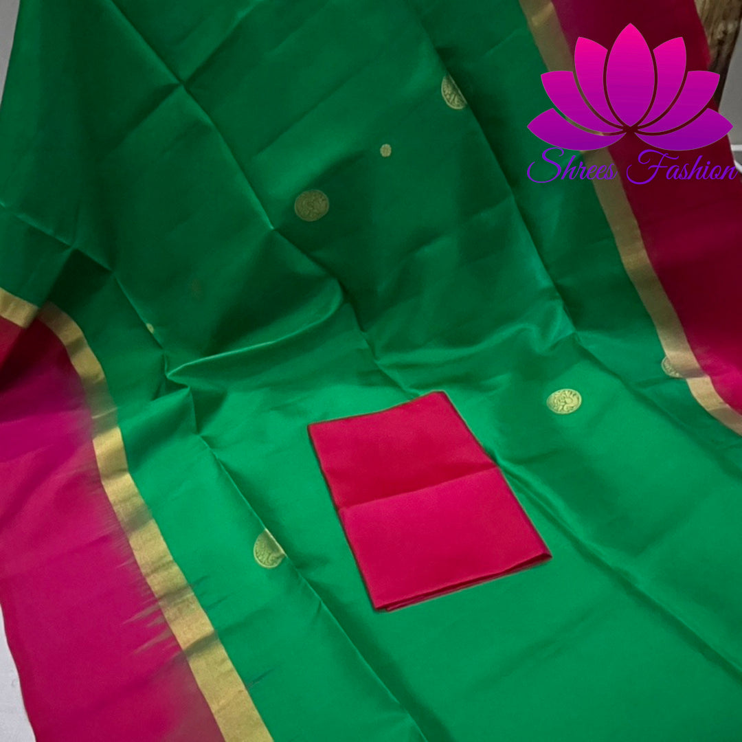 Magnificent Kanchipuram Soft Silk Saree in Green and Pink With Rich Pallu | Pure Silk Saree | Silk Mark India Certified - Shrees Fashion Australia