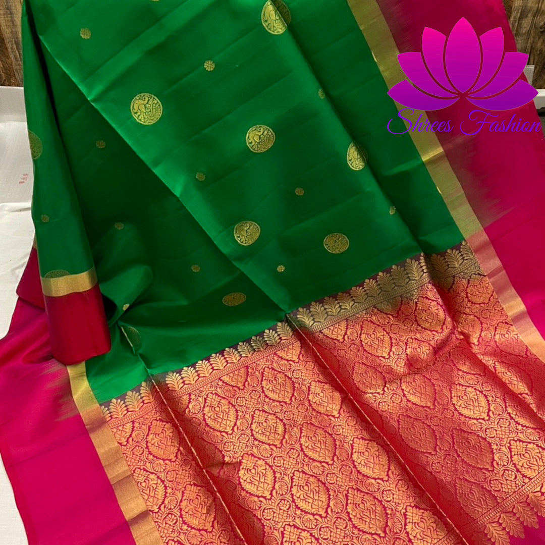 Magnificent Kanchipuram Soft Silk Saree in Green and Pink With Rich Pallu | Pure Silk Saree | Silk Mark India Certified - Shrees Fashion Australia