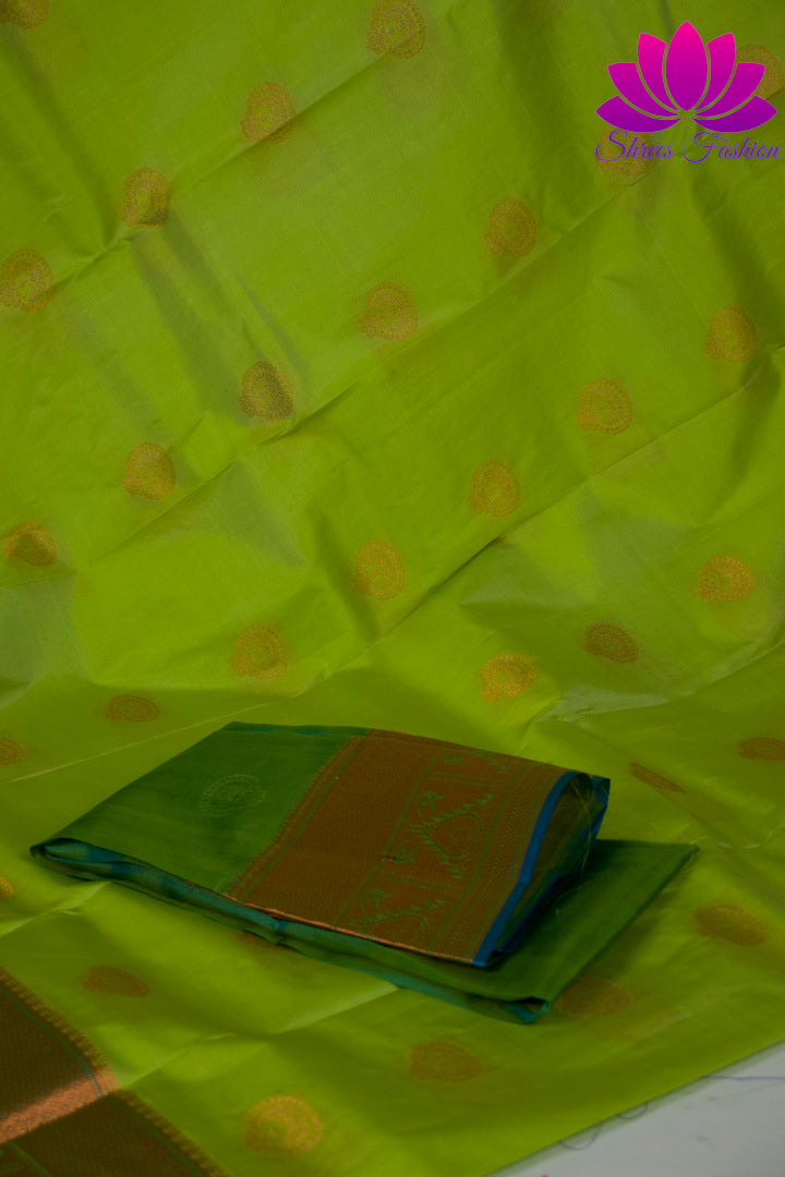 Pastel Green with Cyan| Kanchipuram Silk | Silk Mark Certified - Shrees Fashion Australia