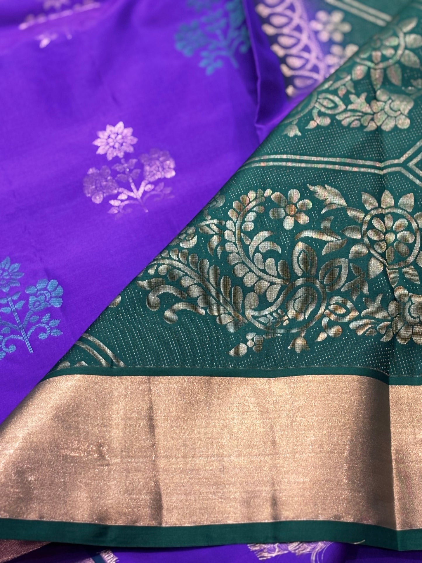 Traditional Pure Kanchipuram Silk Saree – Purple with Green Contrast