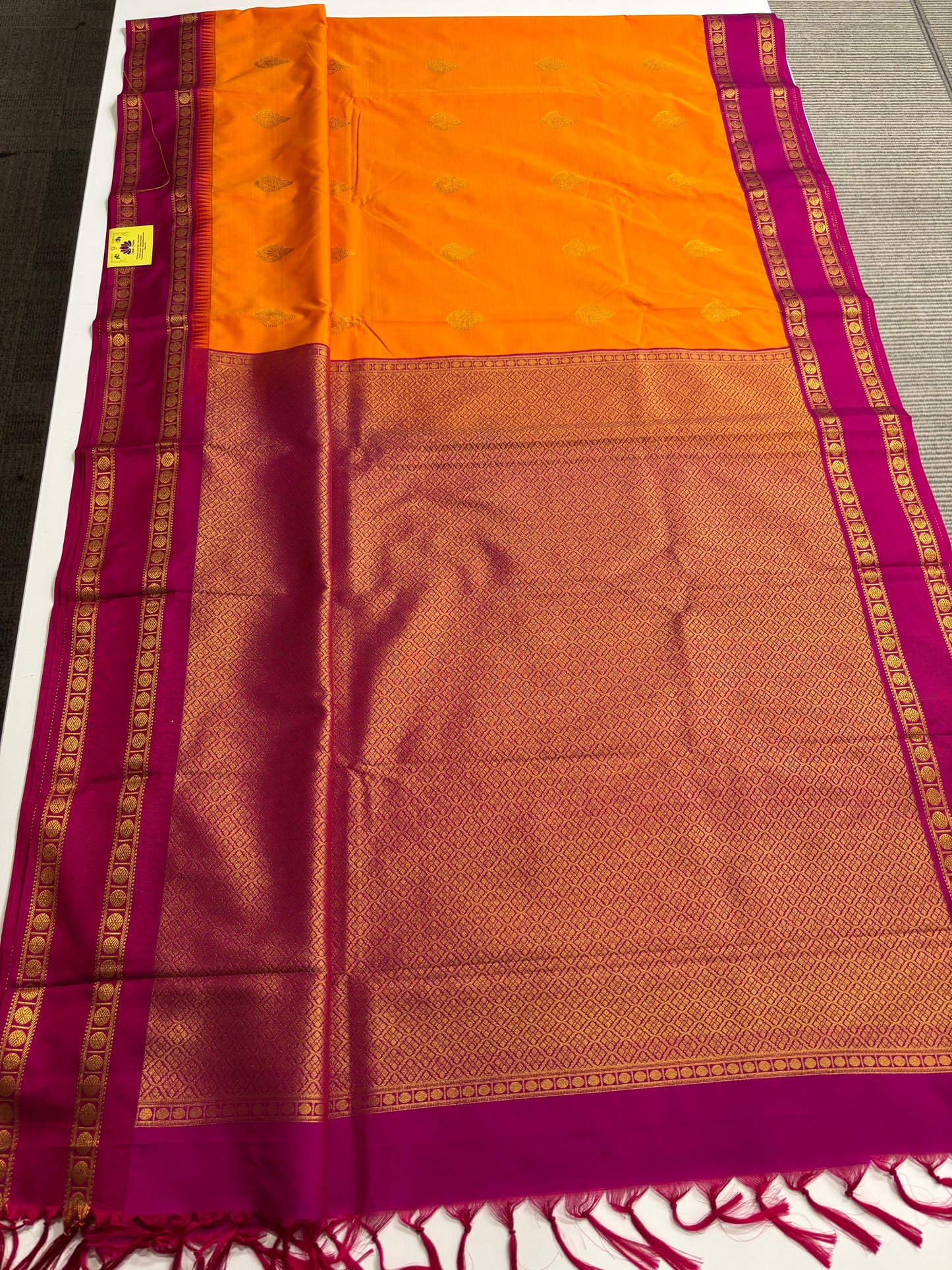 Kanchipuram Semi Silk Saree – Mango Yellow Body with Magenta Border and Pallu
