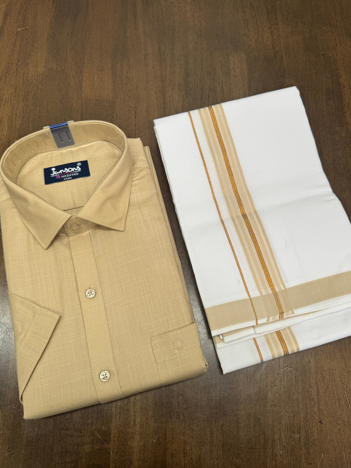 Elegant Beige Full‑Sleeve Shirt Paired with White Veshti Featuring Gold‑Beige Border