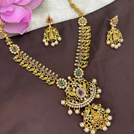 Majestic Charm – Peacock Design Kemp Necklace Set with Green, Pink & White Accents