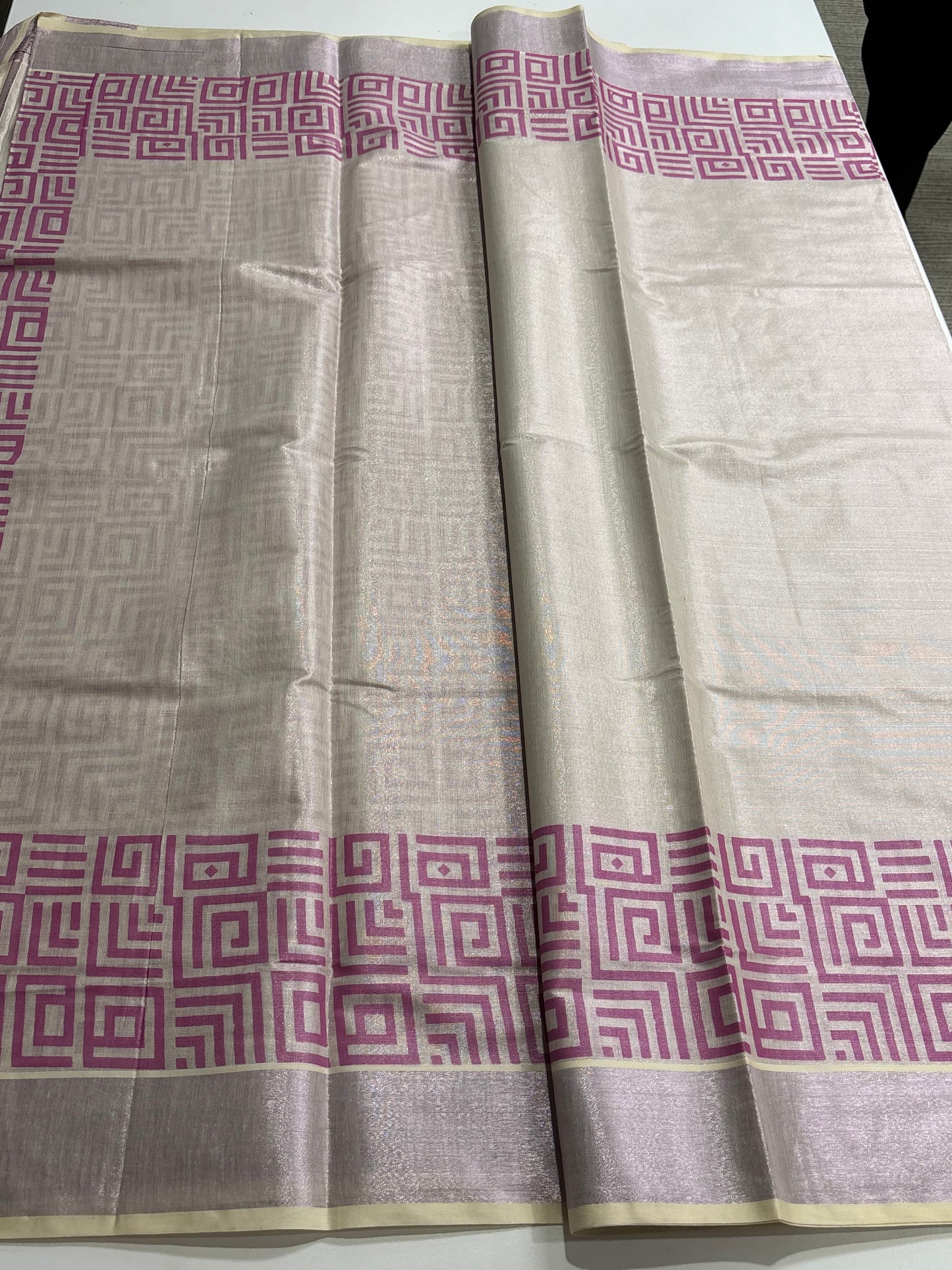 Tissue Silk Kerala Kasavu Saree with Silver Zari & Pink Checks – Traditional & Stylish | Shrees Fashion