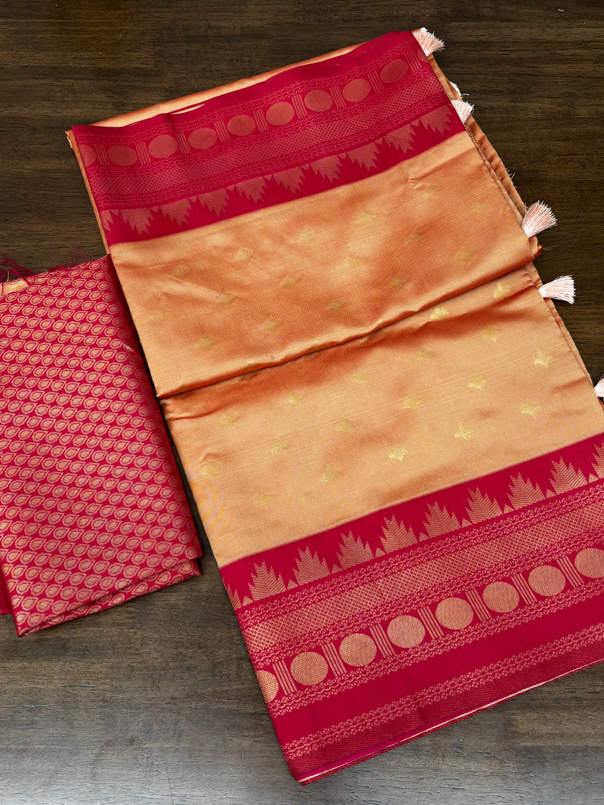 Beautiful Peach Gold Saree with Rani Pink Temple Zari Border & Blouse Piece Included