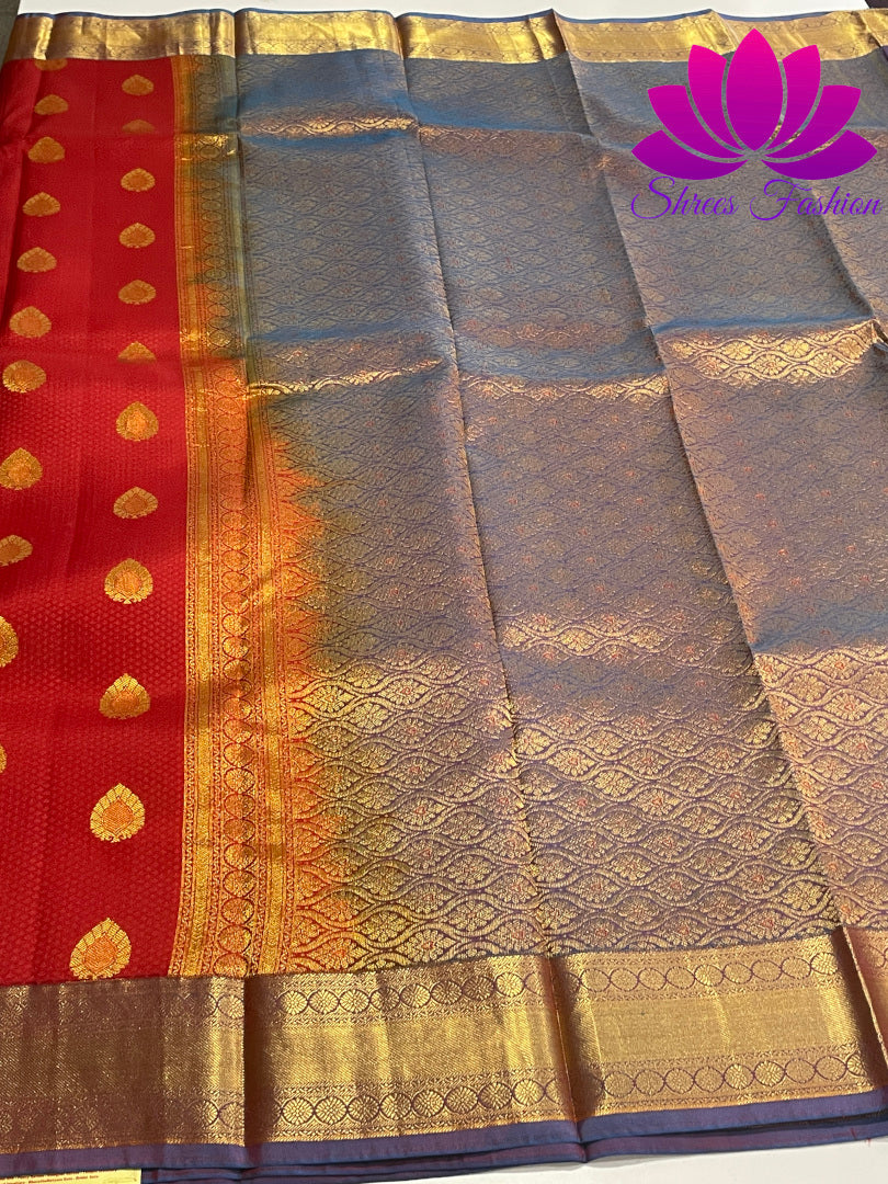 Red with Violet Colour Gold Zari Design Kanchipuram Silk Saree