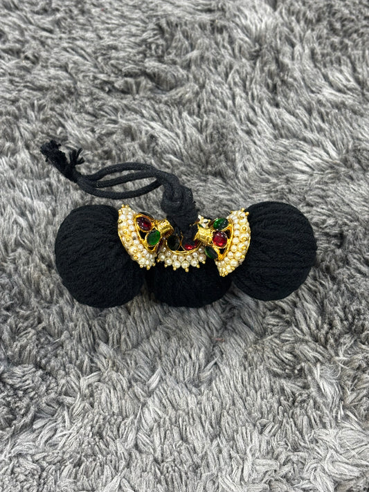 Traditional Kemp Stone Ball Kunjalam for Bharatanatyam braid styling.