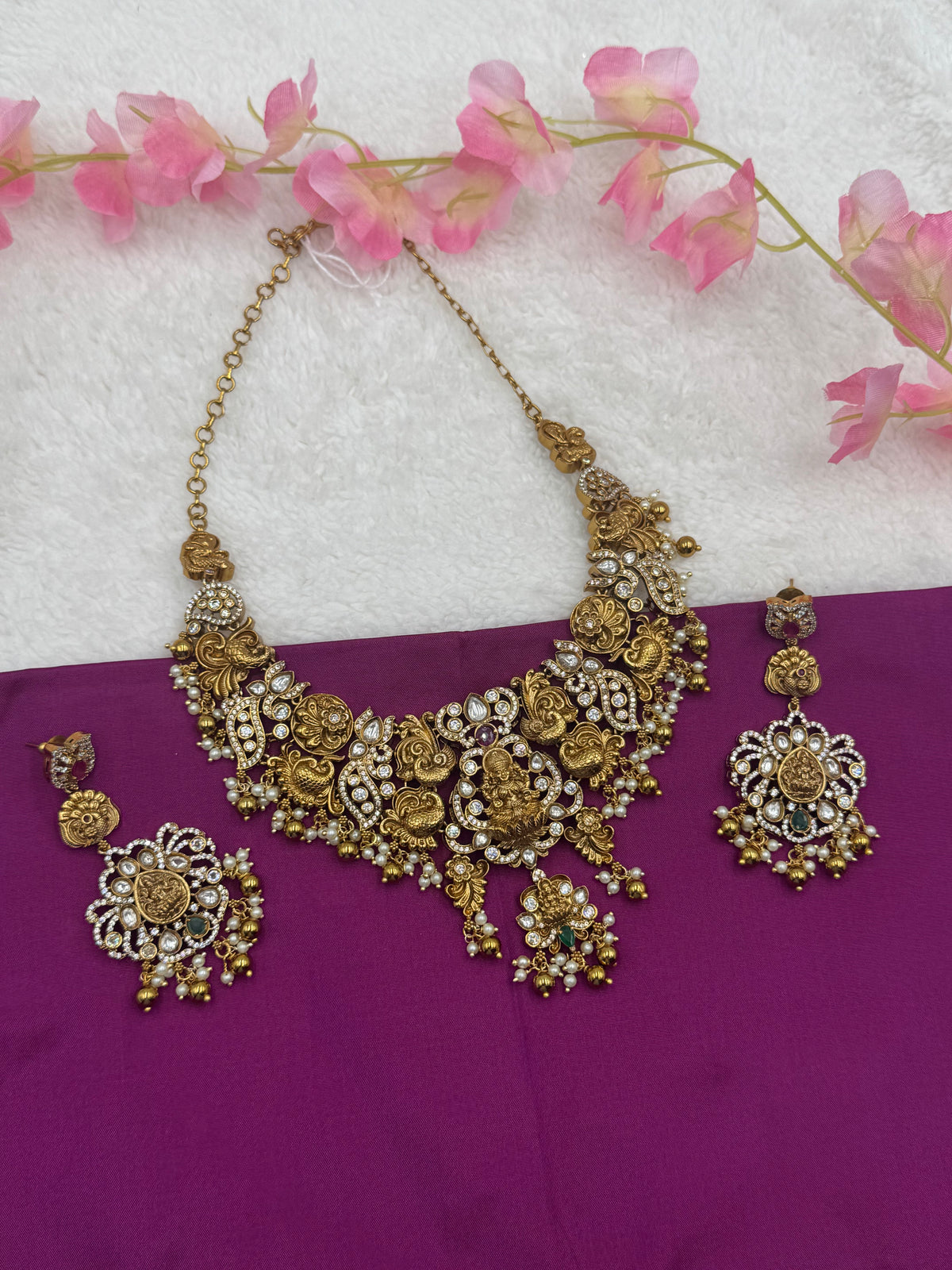 Premium Gold Finish Temple Design Necklace Set with Pearl & Stone Detailing