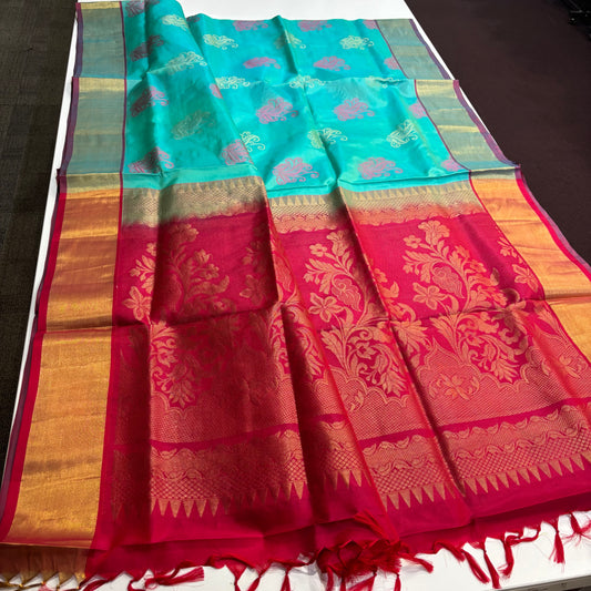 Pure Kanchipuram Silk Saree – Cyan Grace with Rani Pink Radiance