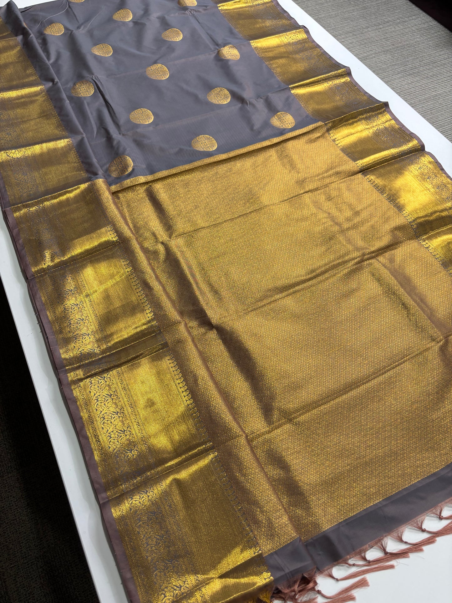 Elegant Greyish Blue Kanchipuram Semi Silk Saree with Golden Pallu & Border