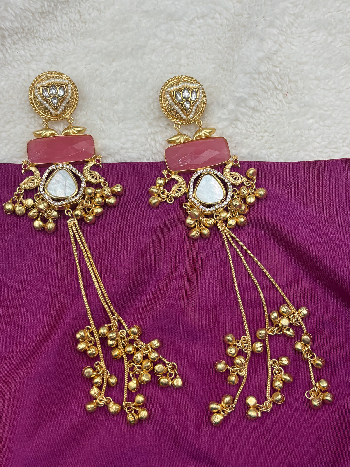 Modern Ethnic Kashmiri Earrings with Peacock Top & Gold Ghungroos