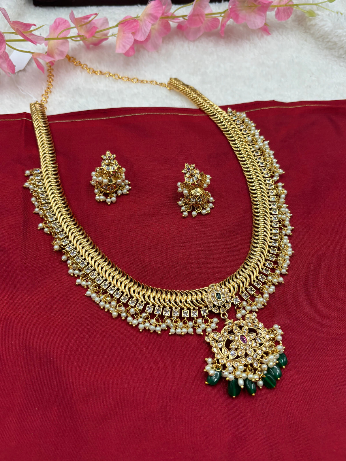Antique Gold Haram Set with Lakshmi Design, Pearls & Green Beads – Traditional Temple Jewellery