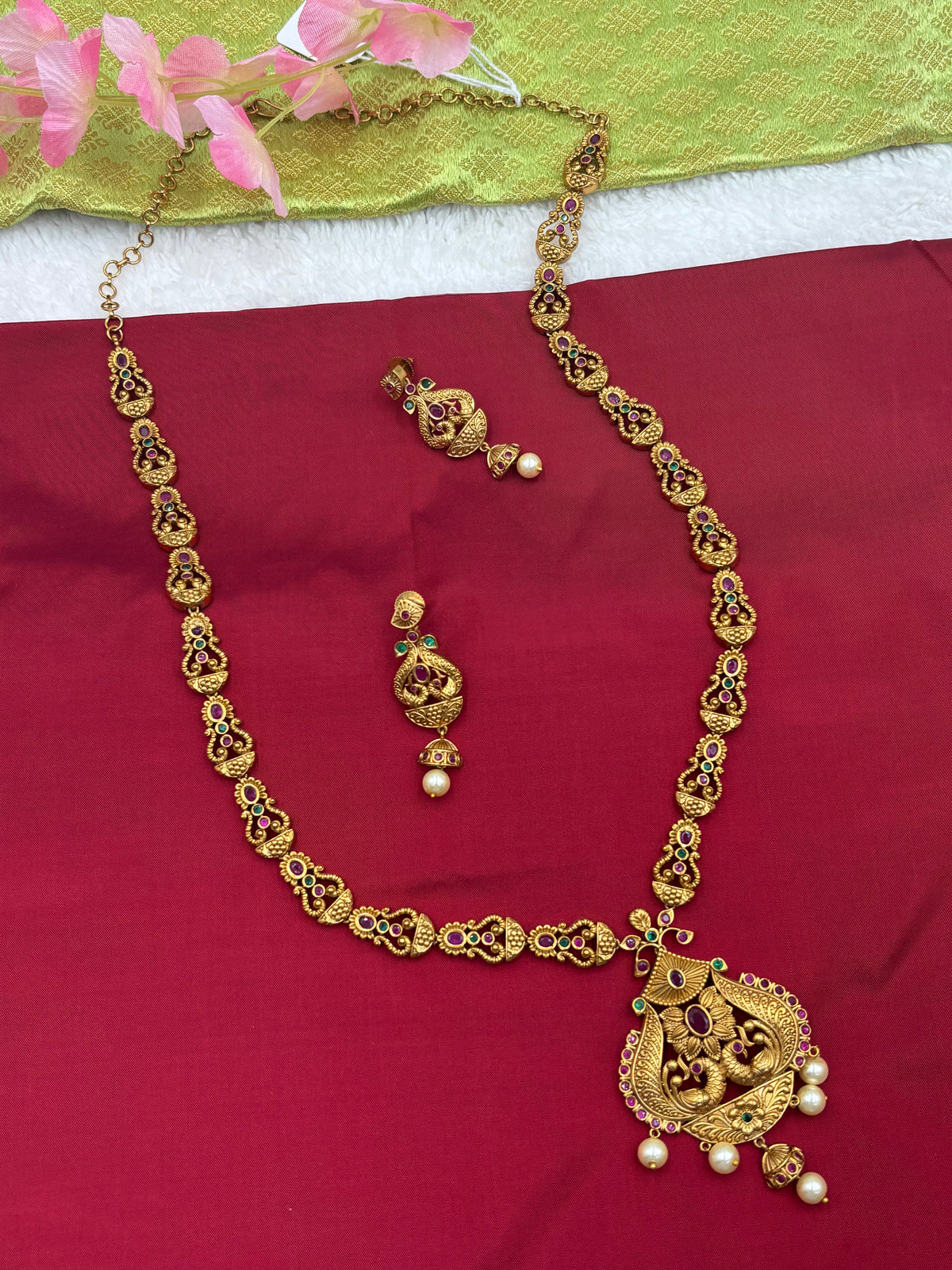 Premium Matte Gold Finish Temple Long Haram Set with Ruby & Pearl Detailing