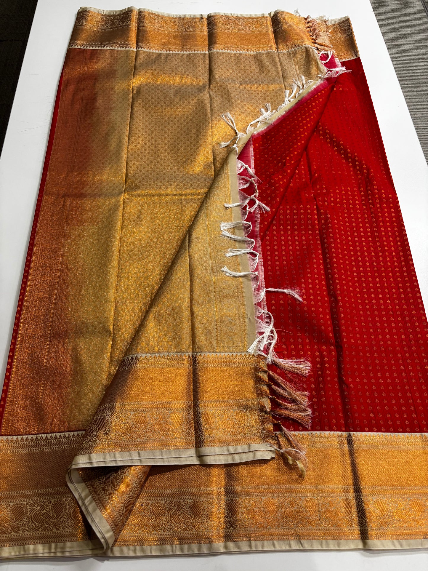 Elegant Red and Beige Semi Kanchipuram Saree with Golden Weave