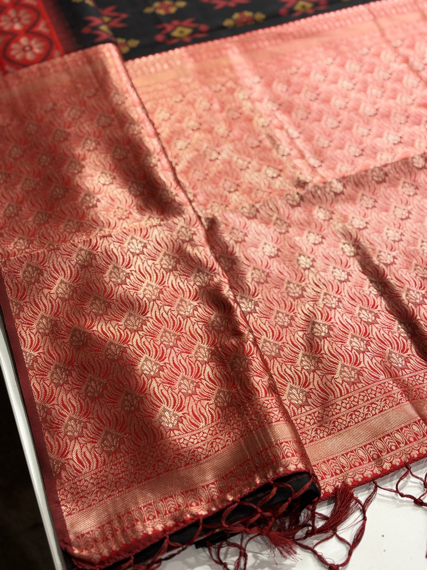 Elegant Black Silk‑Cotton Saree Featuring Red Border & Jamdani Print | Shrees Fashion