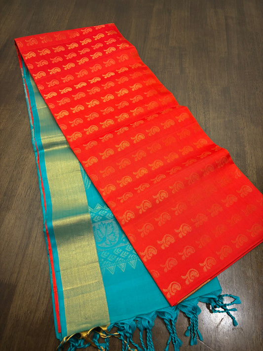 Orange and Tiffany Blue Kanchipuram Silk Saree