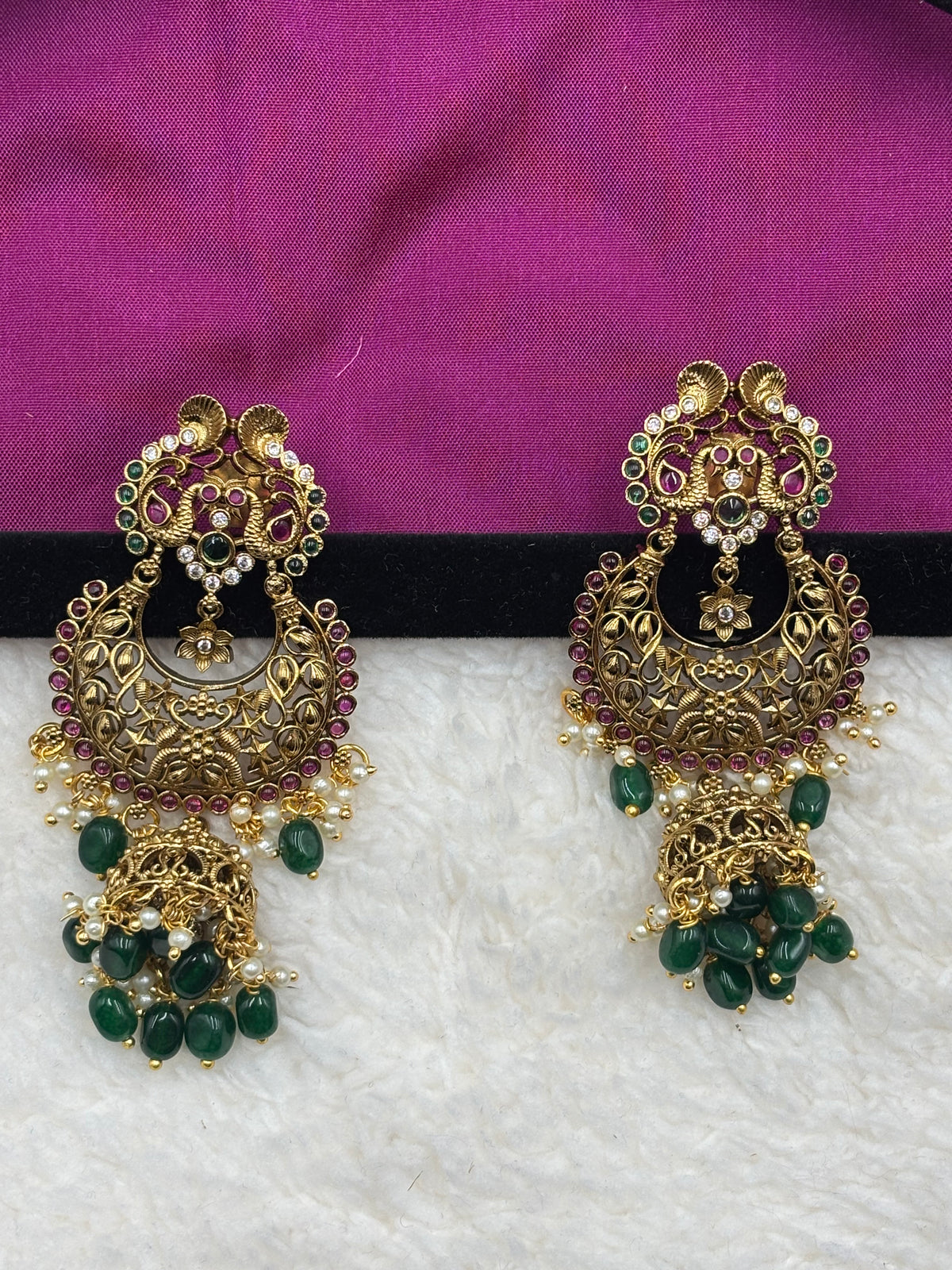 Antique Gold Peacock‑Style Chandbali Jhumka Earrings with Pink Stones & Green Beads