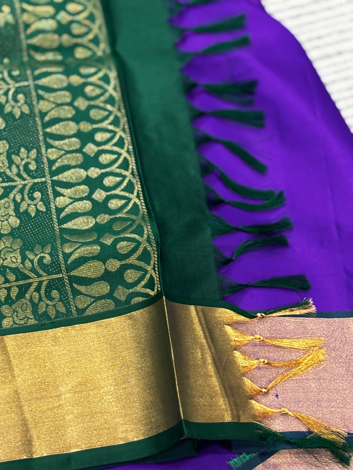 Traditional Pure Kanchipuram Silk Saree – Purple with Green Contrast