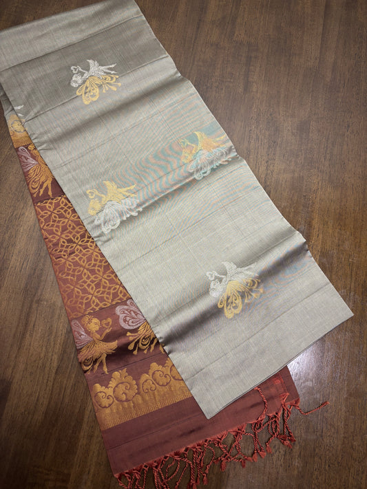 Grey and Brown Kanchipuram Silk Saree with Angel Butta
