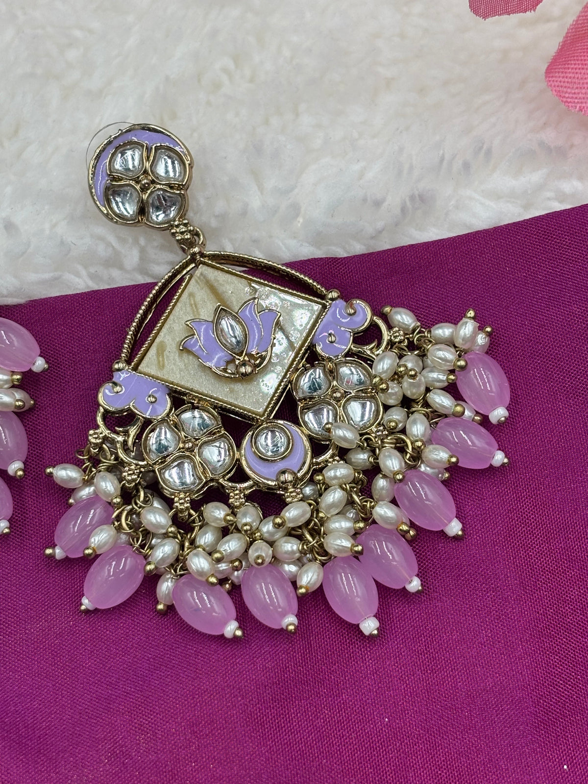 Antique Finish Kundan Earrings with Lavender Meenakari, Pearls & Light‑Lavender Beads