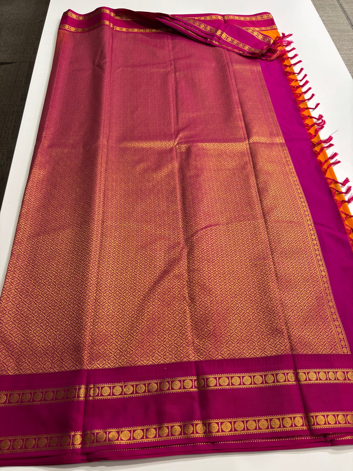 Kanchipuram Semi Silk Saree – Mango Yellow Body with Magenta Border and Pallu