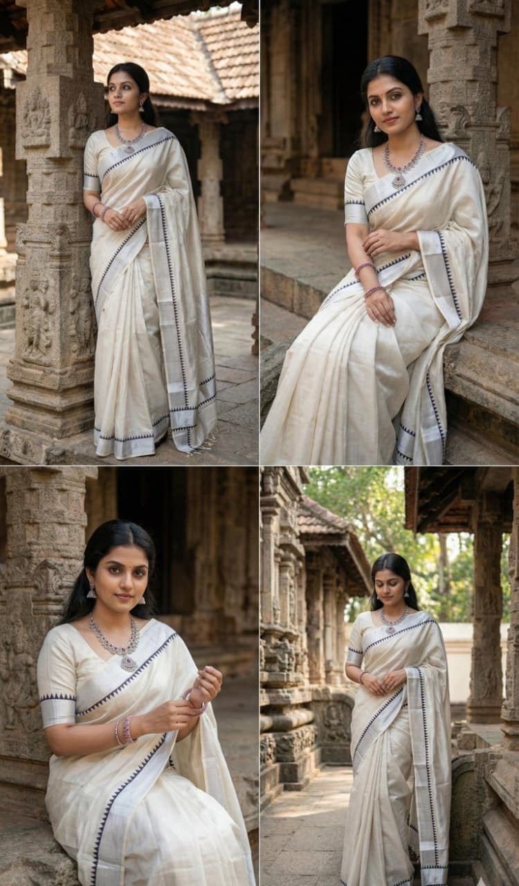 Kerala Tissue Silk Saree with Silver Temple Border – Festive Wear | Shrees Fashion