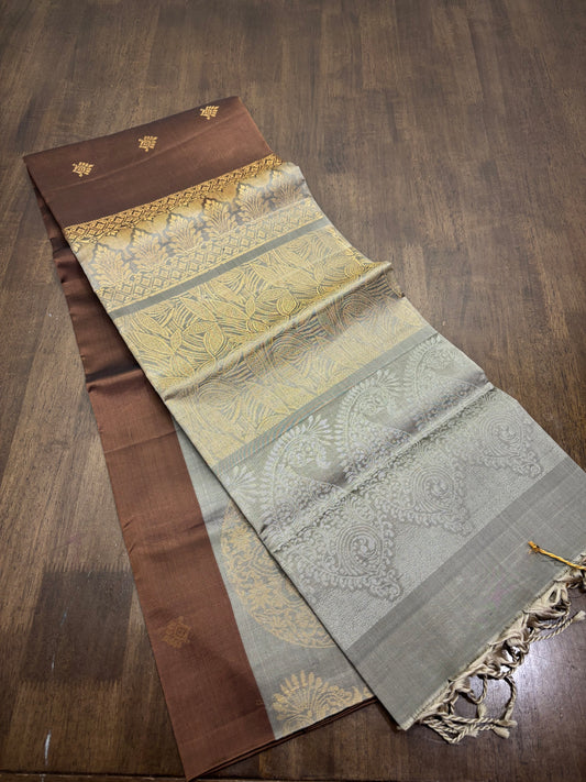 Brown and Grey Kanchipuram Silk Saree