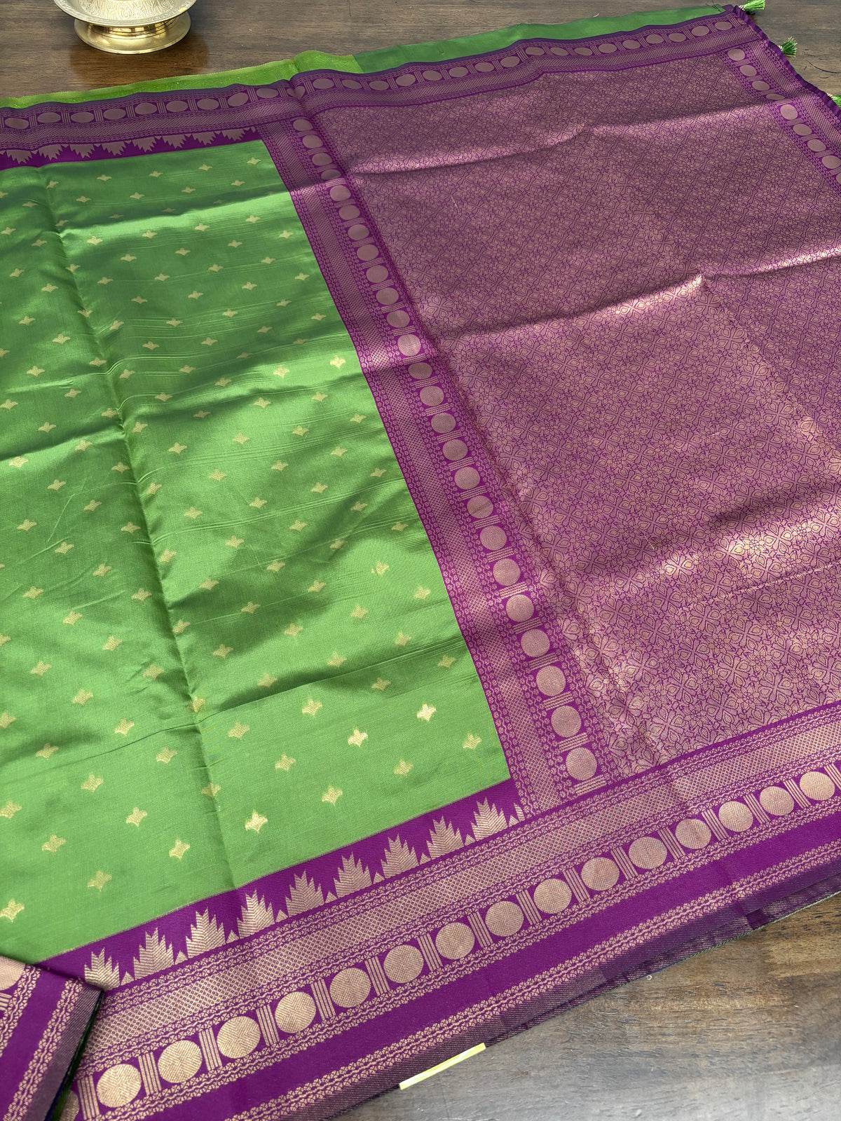 Vibrant Green Soft Silk Saree with Classic Purple Temple Zari Border & Blouse Piece Included