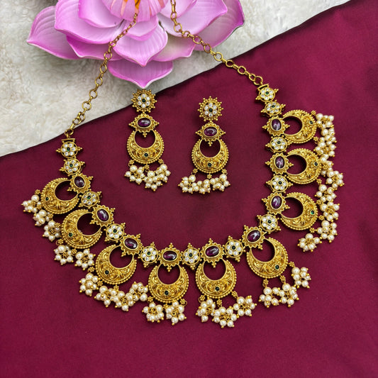 Moonlit Majesty – Chandbali Necklace Set in Antique Gold Finish