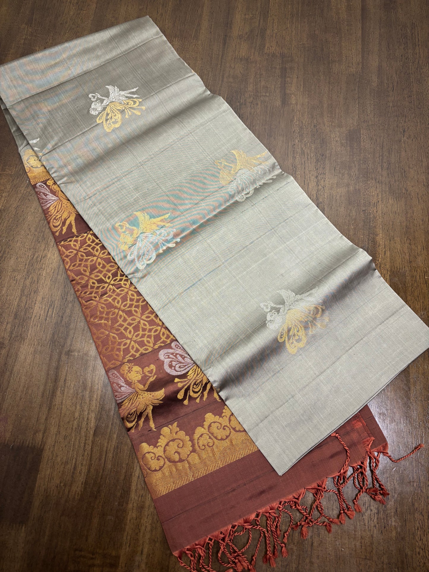 Grey and Brown Kanchipuram Silk Saree with Angel Butta