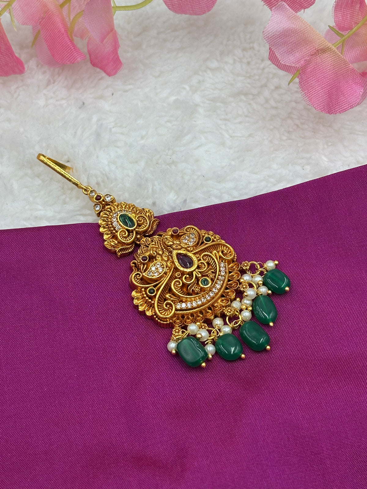 Premium Peacock Design Tikka – Matte Finish with Pearls and green beads