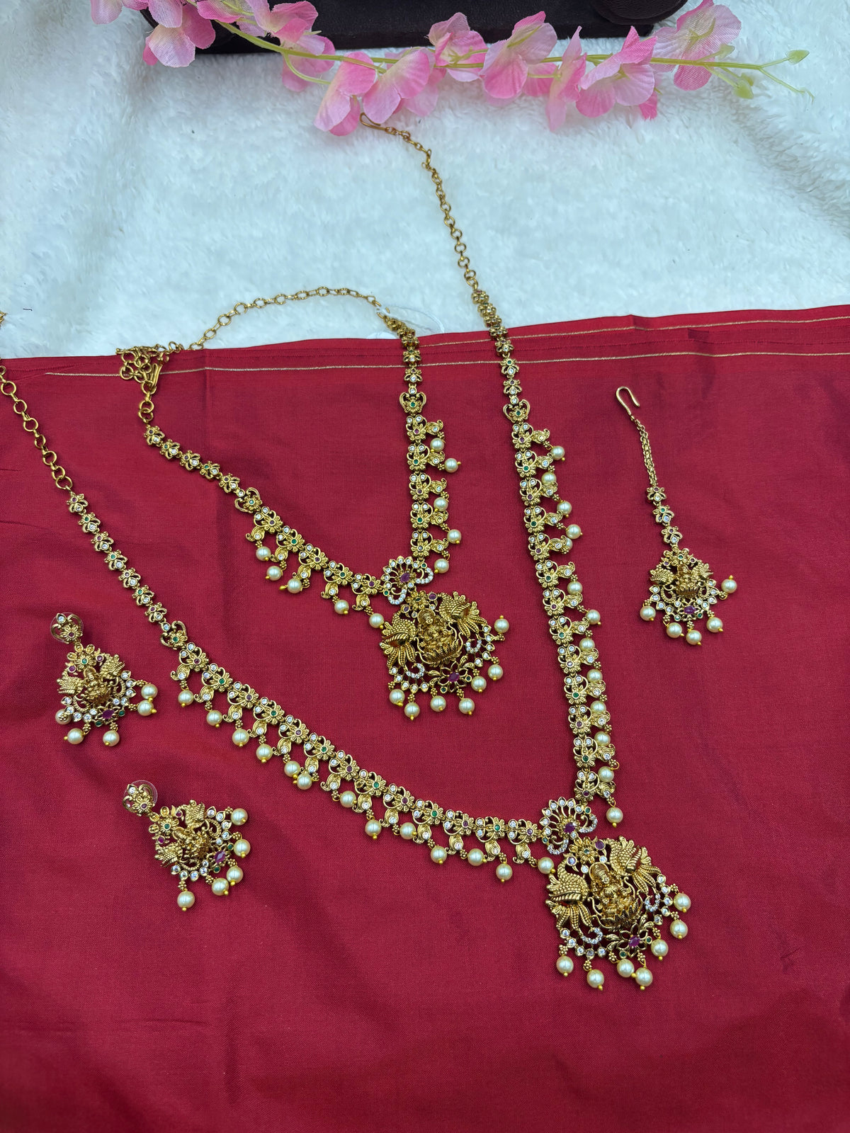 Semi‑Bridal Temple Jewellery Set with Lakshmi Design, Pink Stones & Pearls – Antique Gold Finish